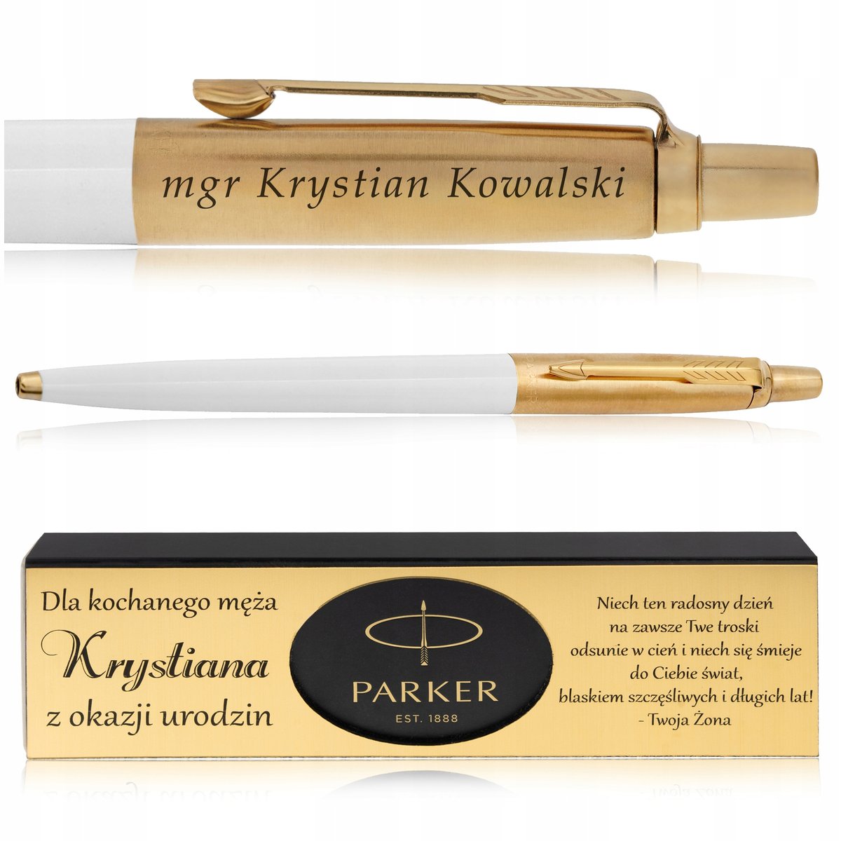 ZŁOTY DŁUGOPIS PARKER JOTTER BIAŁY 24 KARATY + PUDEŁKO Z DEDYKACJĄ GRAWER