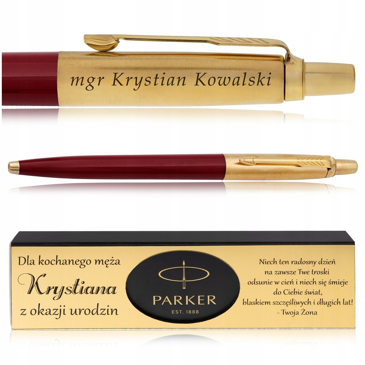 ZŁOTY DŁUGOPIS PARKER JOTTER CZERWONY 24 KARATY + PUDEŁKO DEDYKACJA GRAWER