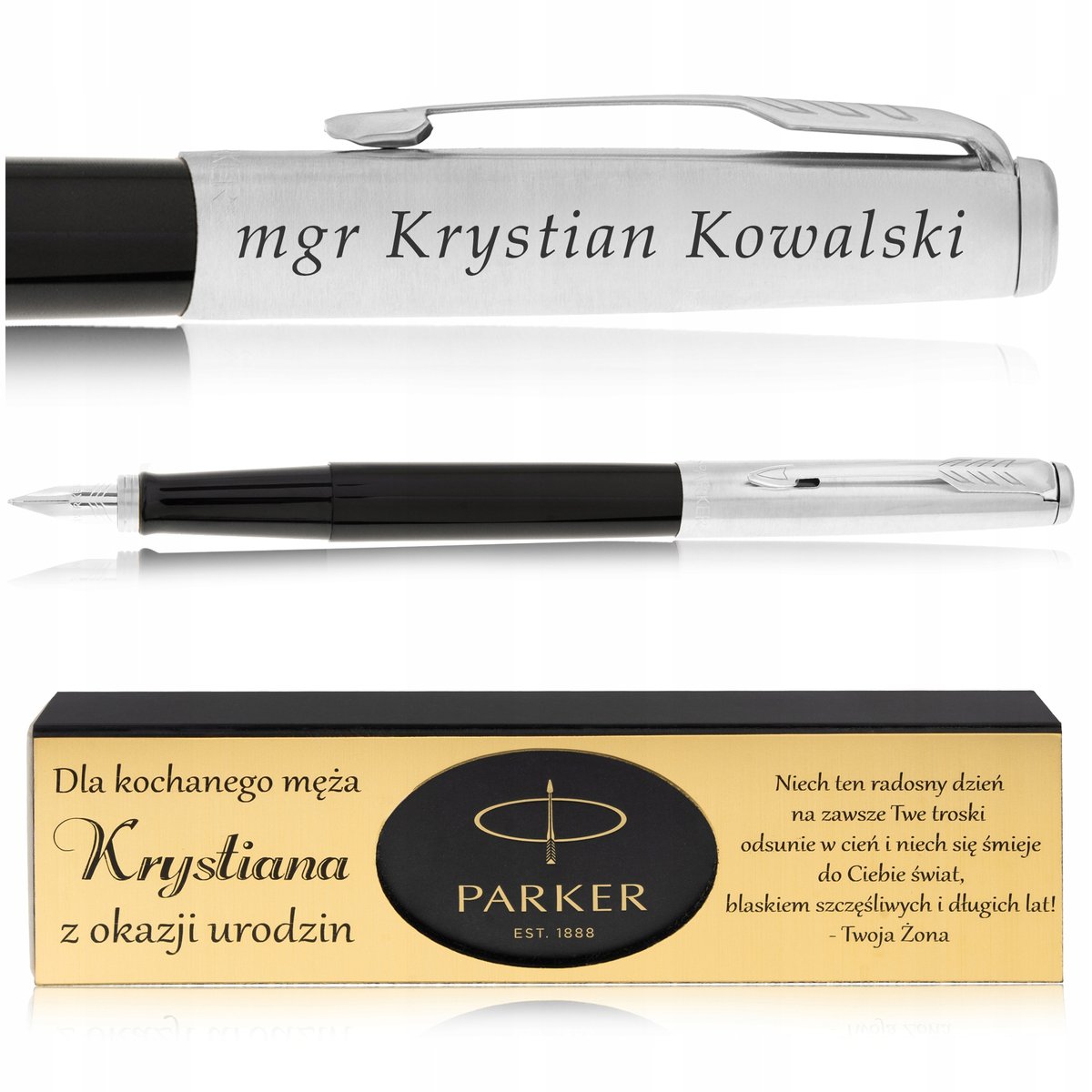 PIÓRO WIECZNE PARKER JOTTER CZARNE + PUDEŁKO Z DEDYKACJĄ + GRAWER NA PIÓRZE