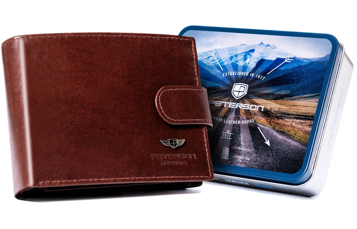 Skórzany męski portfel Peterson na zatrzask na karty z ochroną RFID, brązowy
