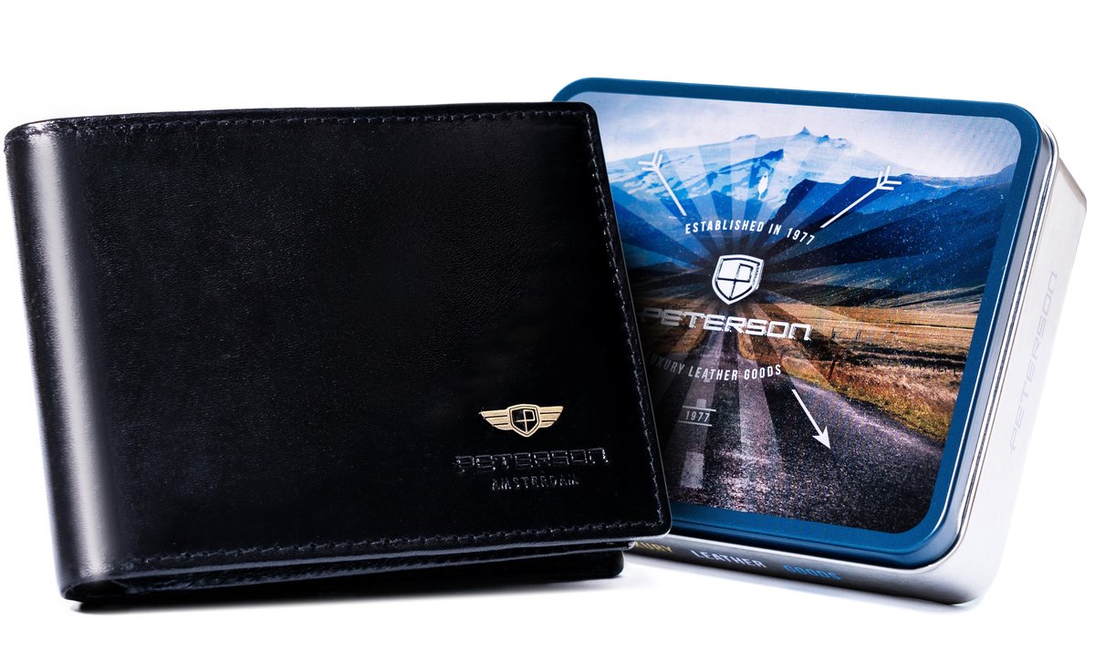 Męski skórzany portfel Peterson bez zapięcia pojemny z ochroną RFID, czarny