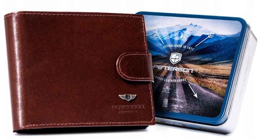 Skórzany portfel męski Peterson na zatrzask elegancki na karty z ochroną RFID, brązowy