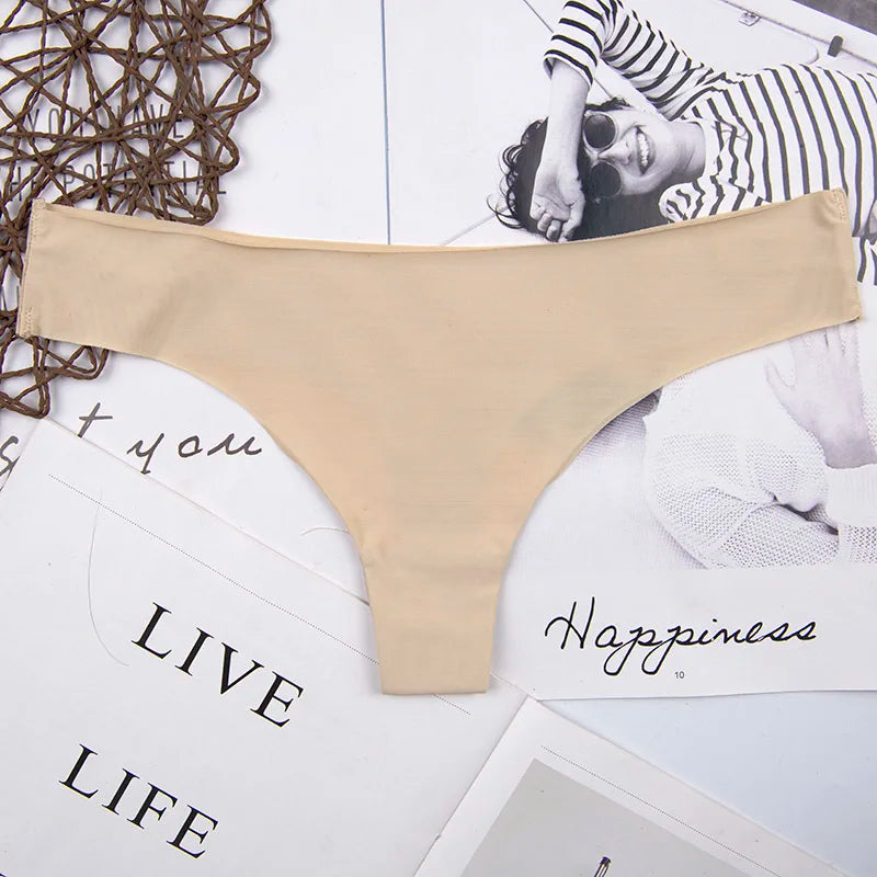 Różnokolorowe gładkie stringi - M Beżowy