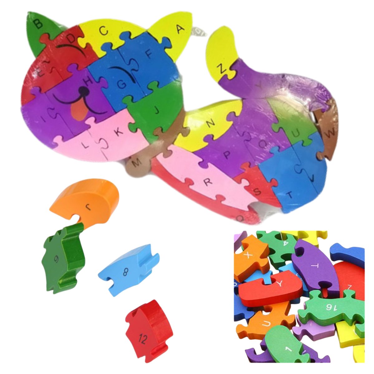 Puzzle Drewniane Edukacyjne Kotek Układanka Puzzle  3D Literki Cyfry 2W1