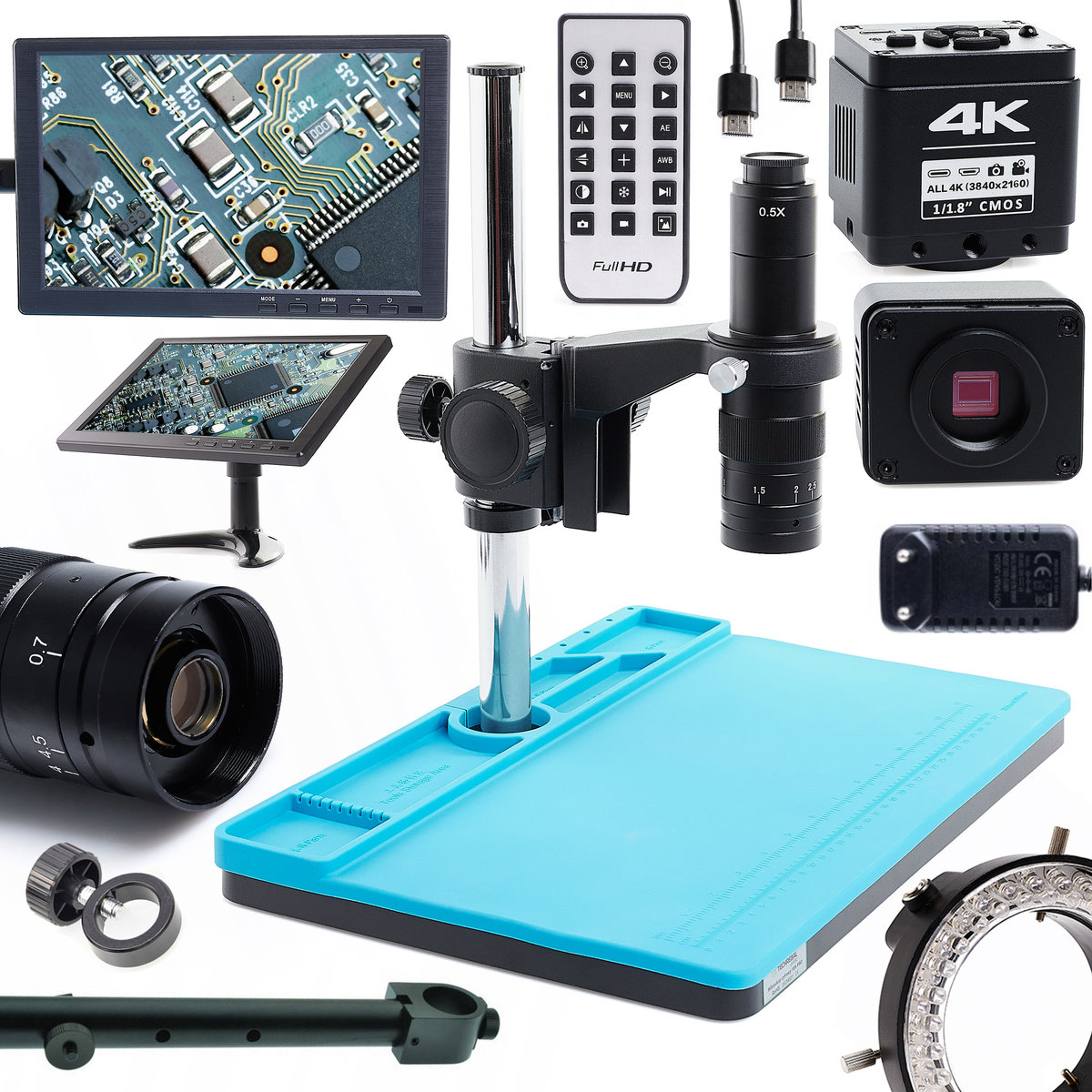 Mikroskop cyfrowy 10A solo + Regulowane oświetlenie 60XLED + wyświetlacz 10 cali + uchwyt do wyświetlacza + silikonowa baza + kamera Black PRO 4K