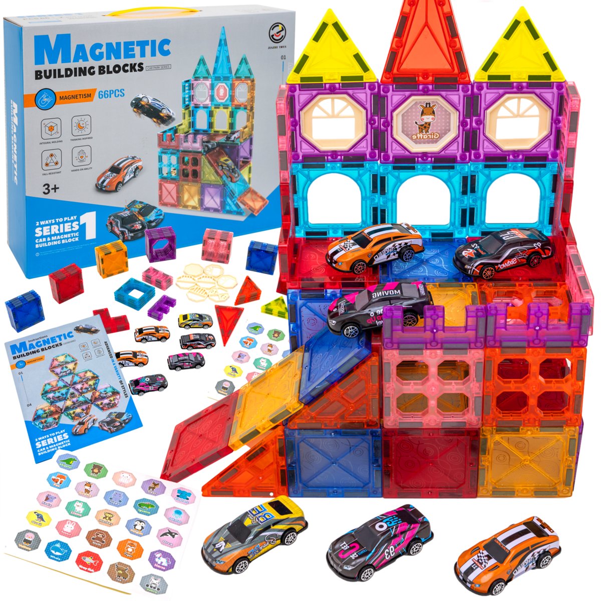 Klocki magnetyczne kostrukcyjne DUŻE PANELE ZESTAW XXL Tor samochodowy, Parking, Garaż + samochodziki - 6 aut Magnetic Building Blocks