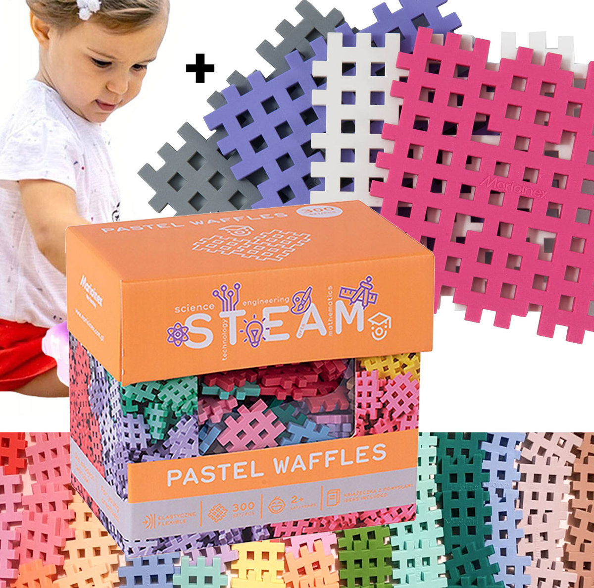 Marioinex Pastelowe klocki konstrukcyjne waffle mini 300 el +podstawki bazy