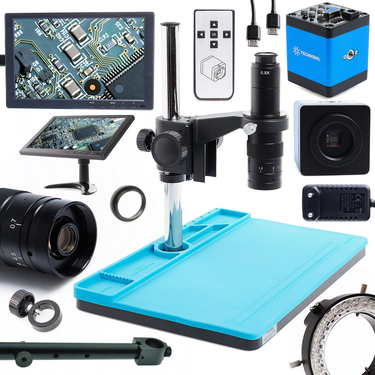 Mikroskop cyfrowy 10A Regulowane oświetlenie 60XLED wyświetlacz 10' Uchwyt do wyświetlacza Silikonowa baza Kamera Blue Lagoon