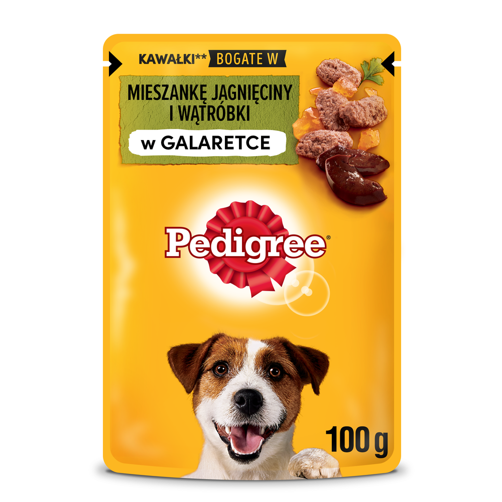 PEDIGREE Adult saszetka 24x100 g - mokra karma pełnoporcjowa, kawałki bogate w mieszankę jagnięciny i wątróbki w galaretce dla dorosłych psów