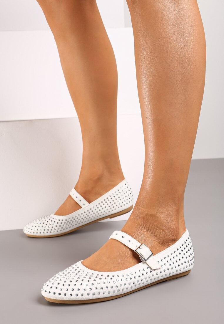 Białe Płaskie Balerinki Mary Jane ze Sprzączką i Cyrkoniami Iviana