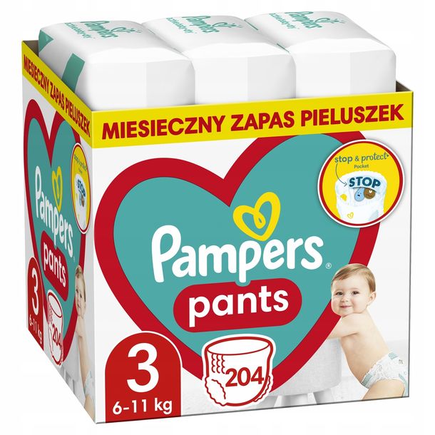 Pieluchomajtki Pampers Pants Rozmiar 3 204 szt. kieszonka stop $ protect