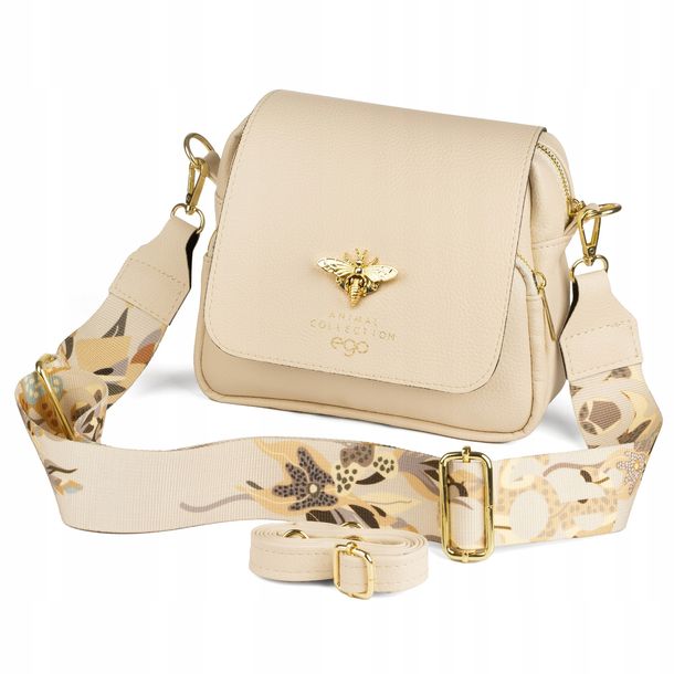 Polska Torebka Damska Beżowa Listonoszka Ego Kolorowy Pasek Na Ramię