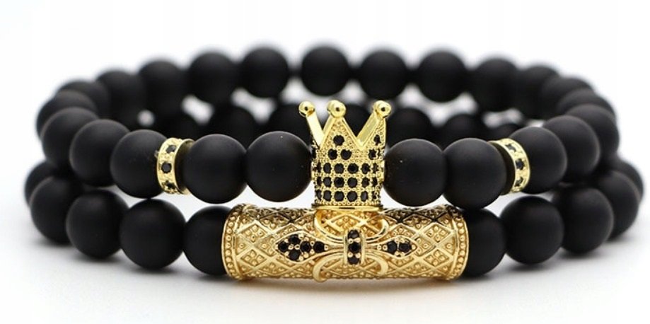 2 PACK Królewska Bransoletka Męska Korona Koraliki Cyrkonie