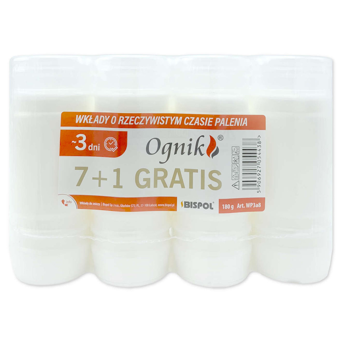 Wkłady do zniczy parafinowe Bispol WP3 72h 3 dni 7+1 sztuk