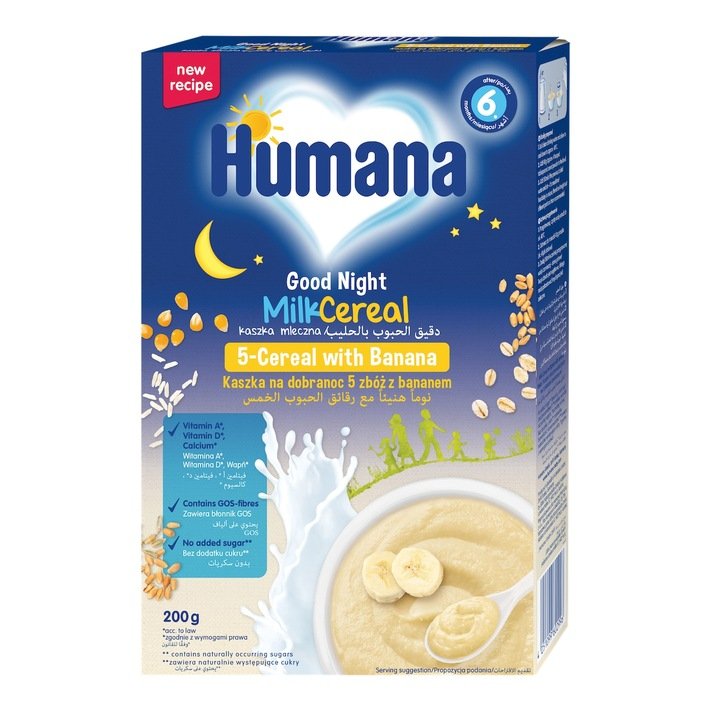 KASZKA MLECZNA HUMANA NA DOBRANOC 5 ZBÓŻ Z BANANEM PO 6 MIESIĄCU 200G