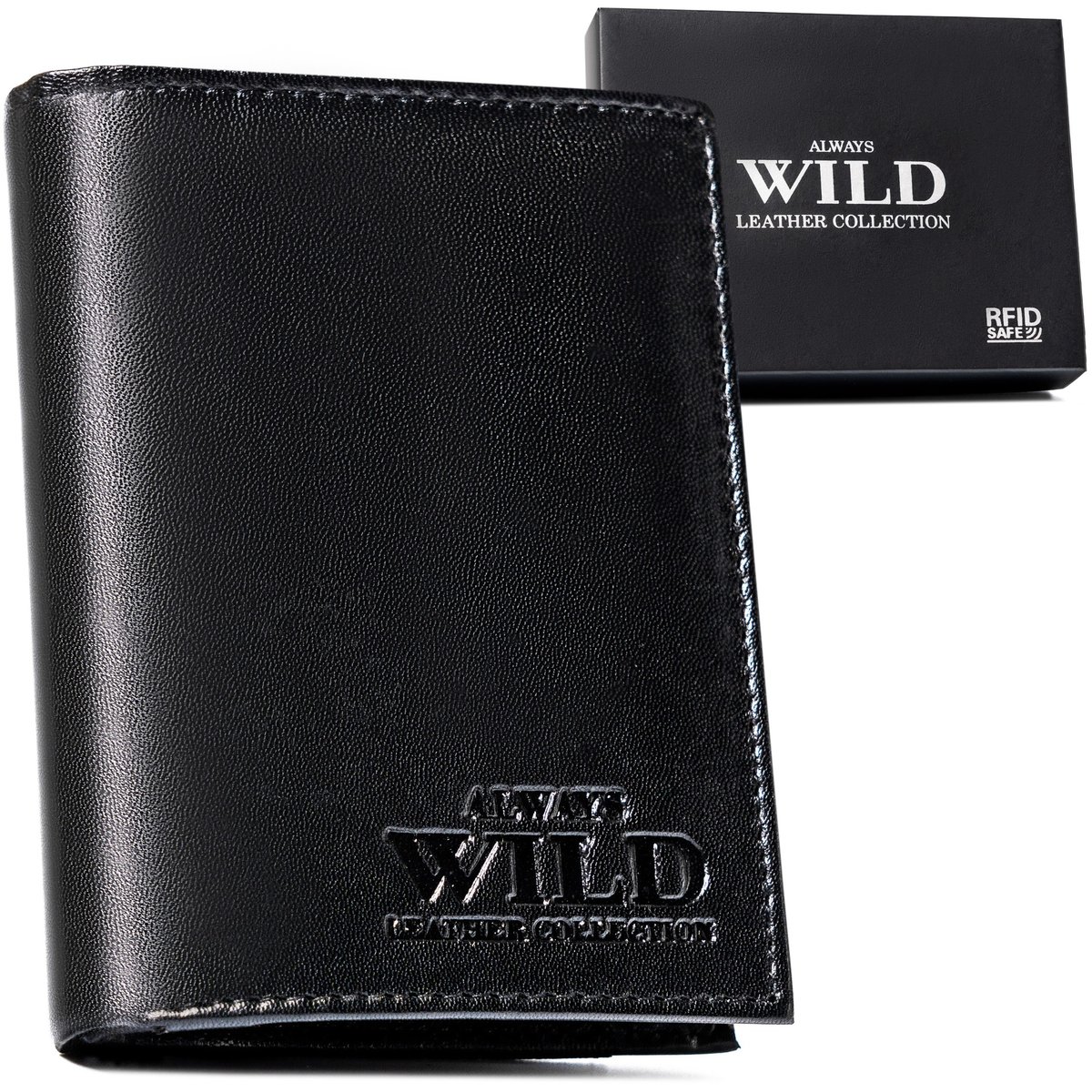 Skórzany portfel męski Always Wild z ochroną RFID pojemna portmonetka na karty i gotówkę, czarny
