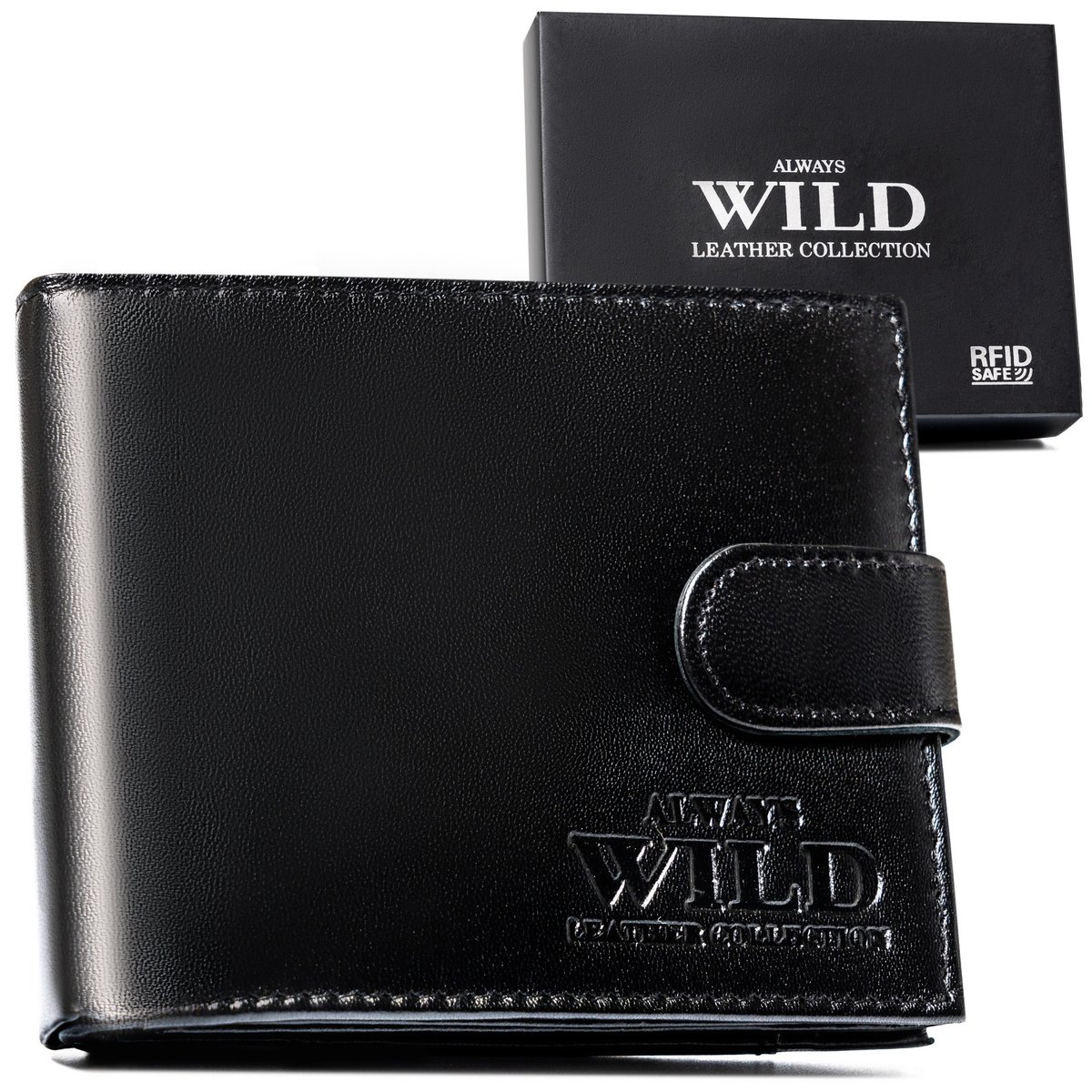 Portfel męski skórzany Always Wild na zatrzask portmonetka na karty i gotówkę z ochroną RFID, czarny
