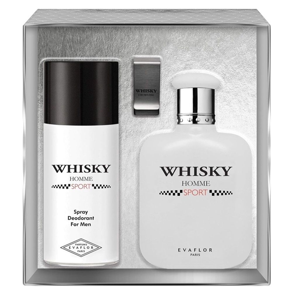 SET EVAFLOR Whisky Homme Sport EDT spray 100ml + DEO spray 150ml + CLIP