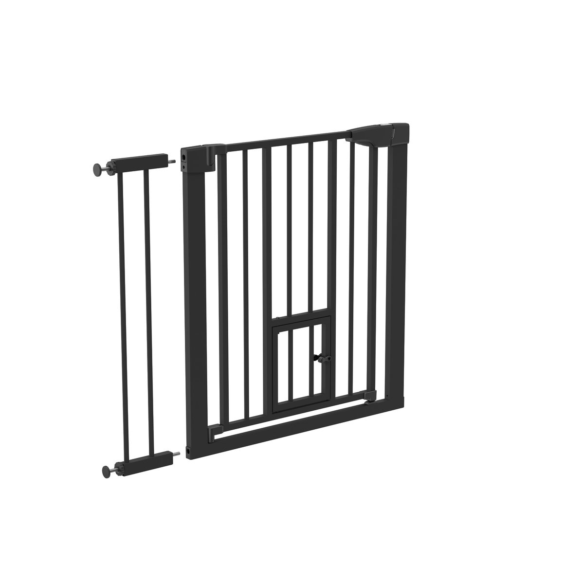 Bramka barierka rozporowa zabezpieczająca Tulano Guardian 2.0 Black, 75 cm - 96 cm, z małymi drzwiczkami dla zwierząt, Czarna