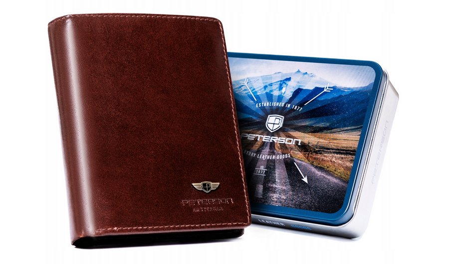 Skórzany męski portfel Peterson bez zapięcia na karty i dokumenty z ochroną RFID, brązowy