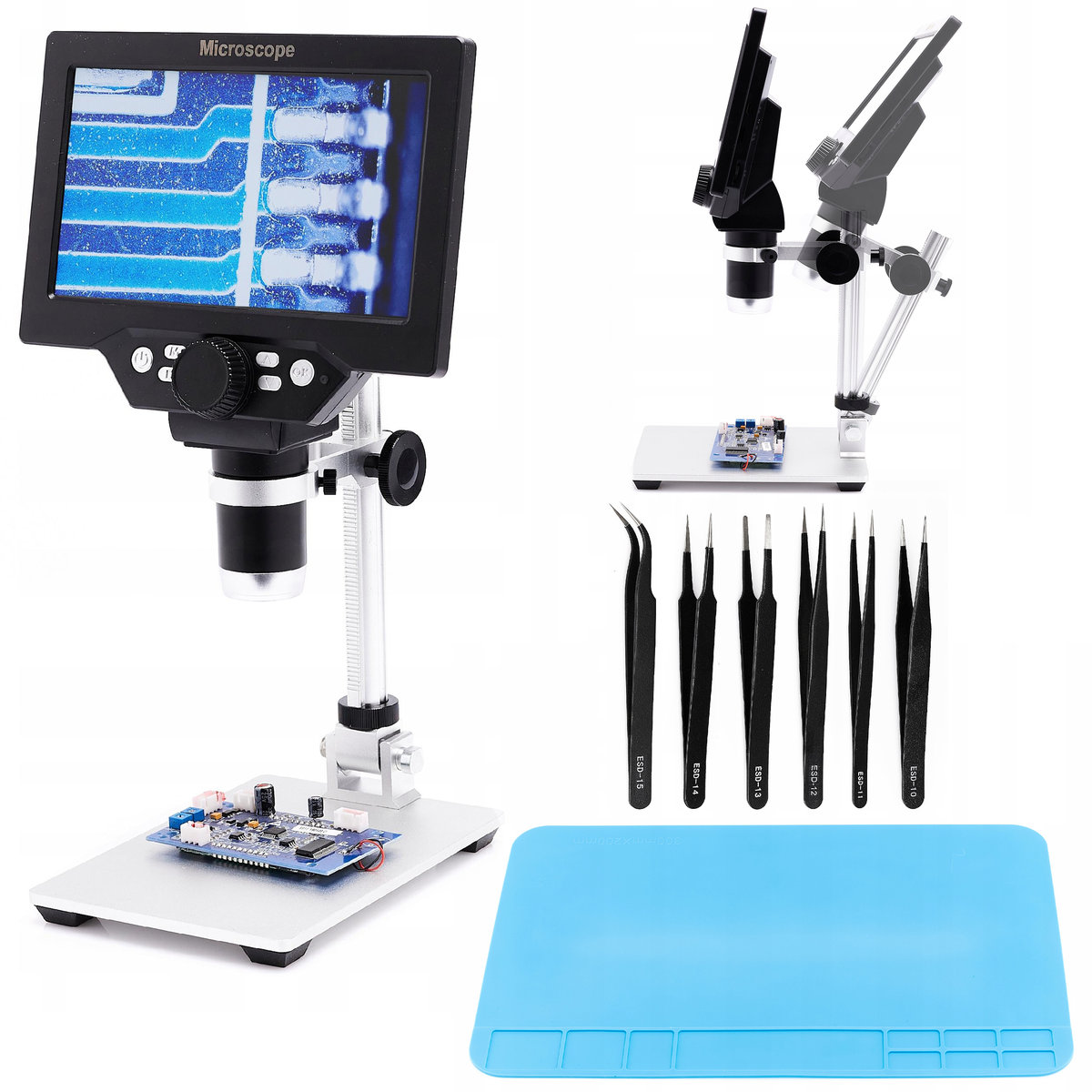 Mikroskop Cyfrowy Dla Elektronika x1200 Mata Antystatyczna 6 Pęset Zestaw