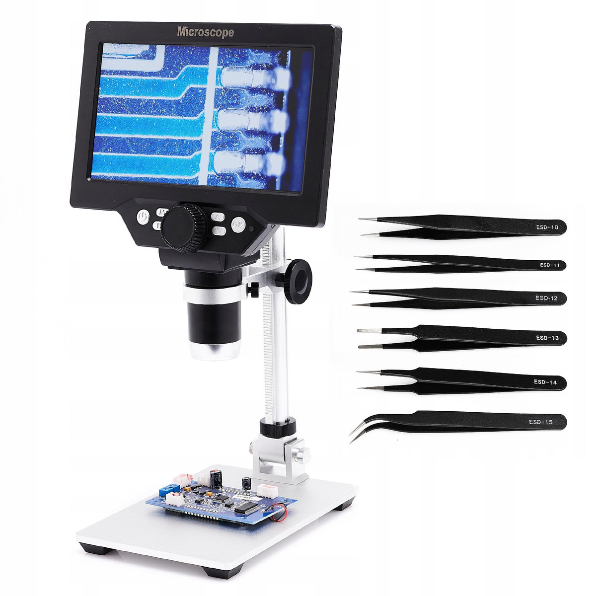 Mikroskop Dla Elektronika Cyfrowy x1200 Zestaw 6 Pęset ESD Techrebal