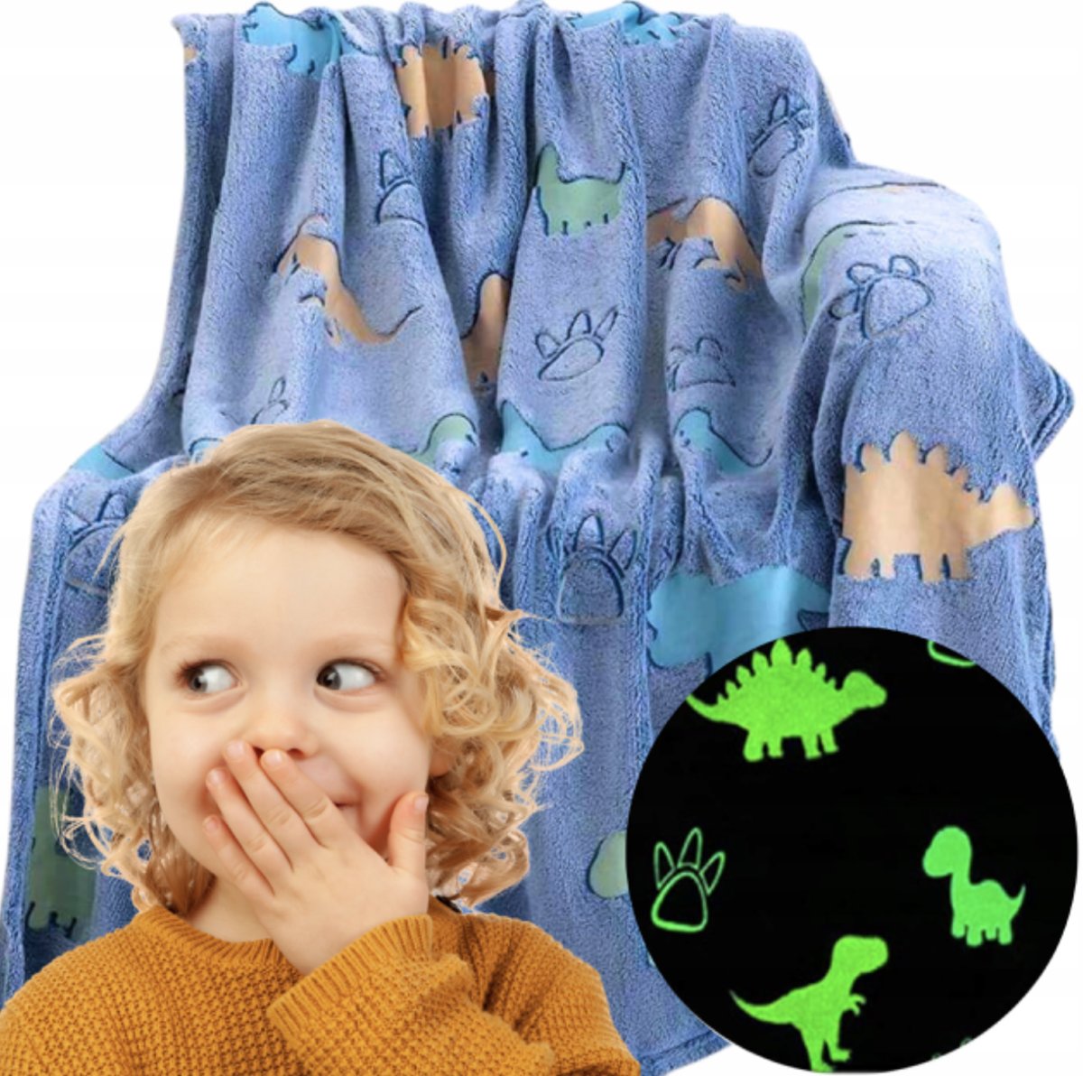 KOC ŚWIECĄCY W CIEMNOŚCI 150X200 DINOZAURY MIĘKKI MIŁY PLED DLA DZIECI GLOW