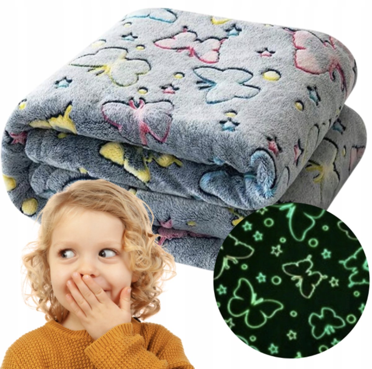 KOC ŚWIECĄCY W CIEMNOŚCI 150X200 MOTYLKI MIĘKKI MIŁY PLED DLA DZIECI GLOW