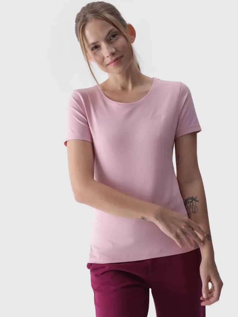 T-shirt slim gładki damski 4F 4FWMM00TTSHF1845-56S Różowy