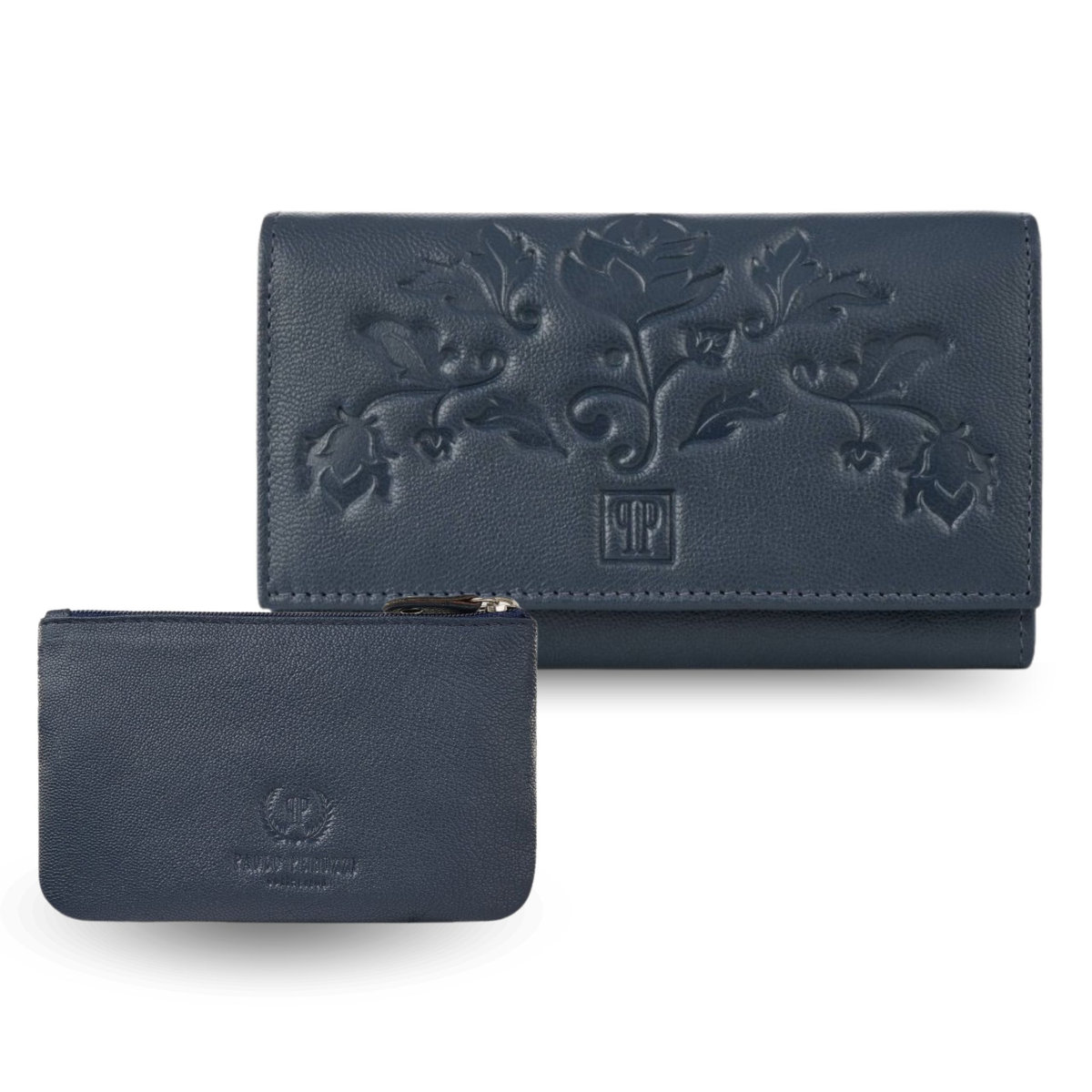 PORTFEL DAMSKI SKÓRZANY Z KWIATOWYM WZOREM T-45-DB ETUI NA KLUCZE T-51-NDB ZESTAW PREZENTOWY W KOLORZE GRANATOWYM ZUP-119-DB