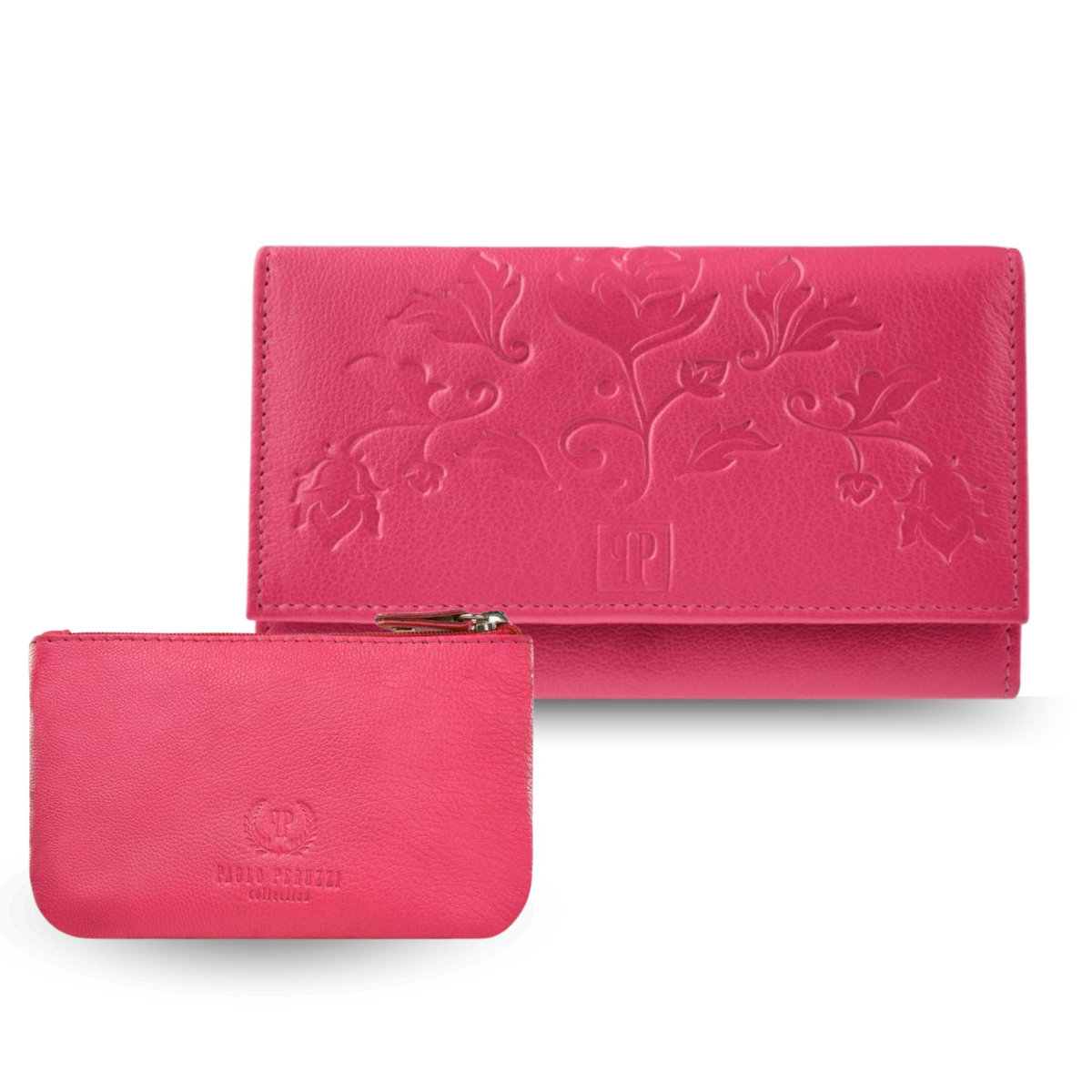 PORTFEL DAMSKI SKÓRZANY Z KWIATOWYM WZOREM T-45-PI ETUI NA KLUCZE T-51-NPI ZESTAW PREZENTOWY W KOLORZE RÓŻOWYM ZUP-119-PI