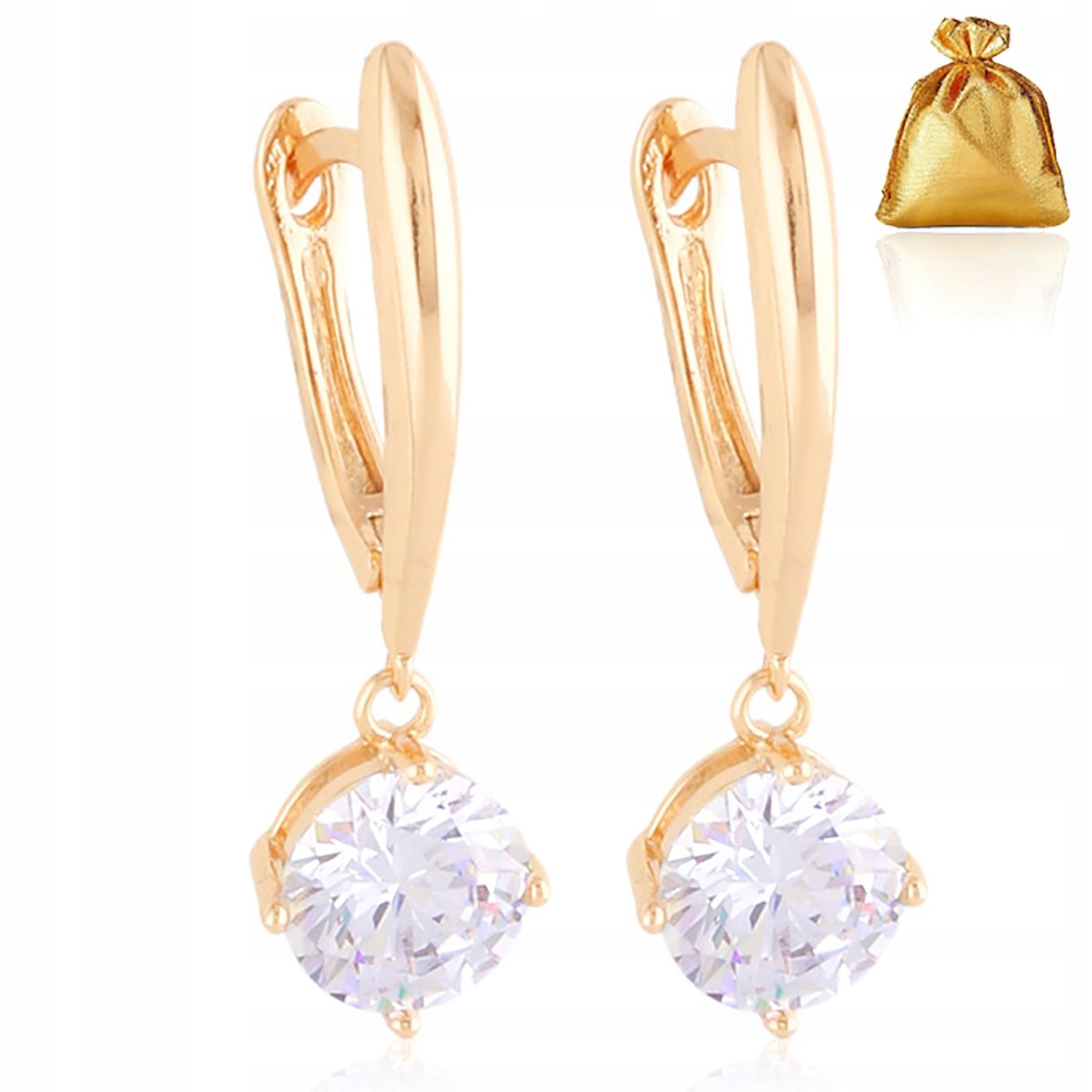 DAMSKIE ZŁOTE KOLCZYKI WISZĄCE Z KRYSZTAŁKAMI CYRKONIAMI STAL CHIRURGICZNA