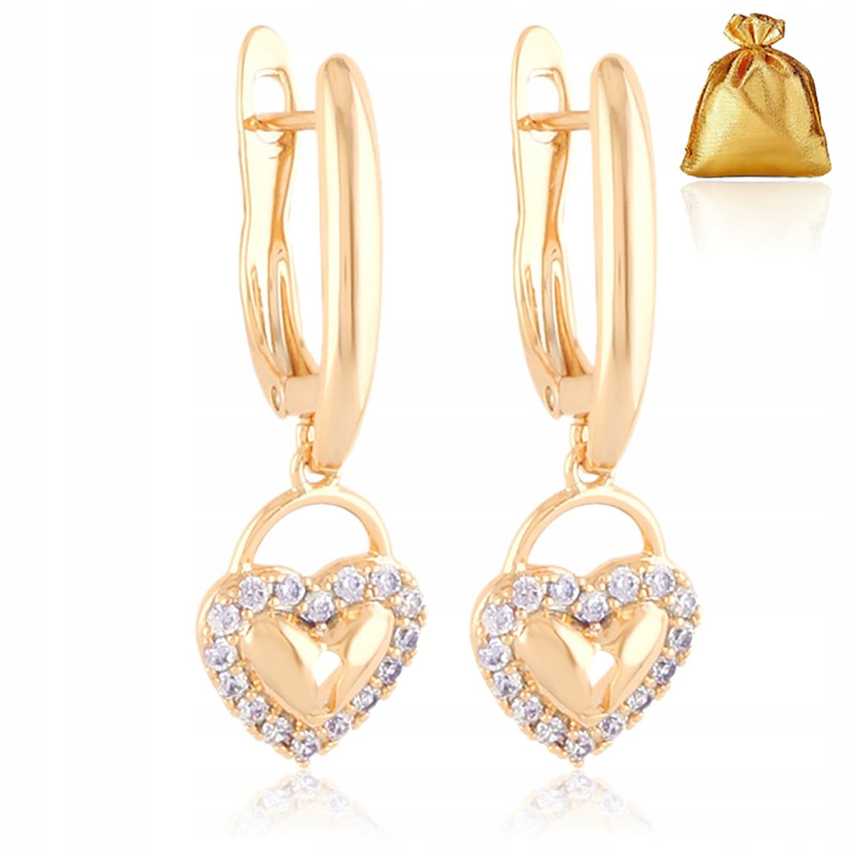 ZŁOTE PIĘKNY KOLCZYKI ZE STALI CHIRURGICZNEJ SERCA Z CYRKONIAMI WISZĄCE 18K