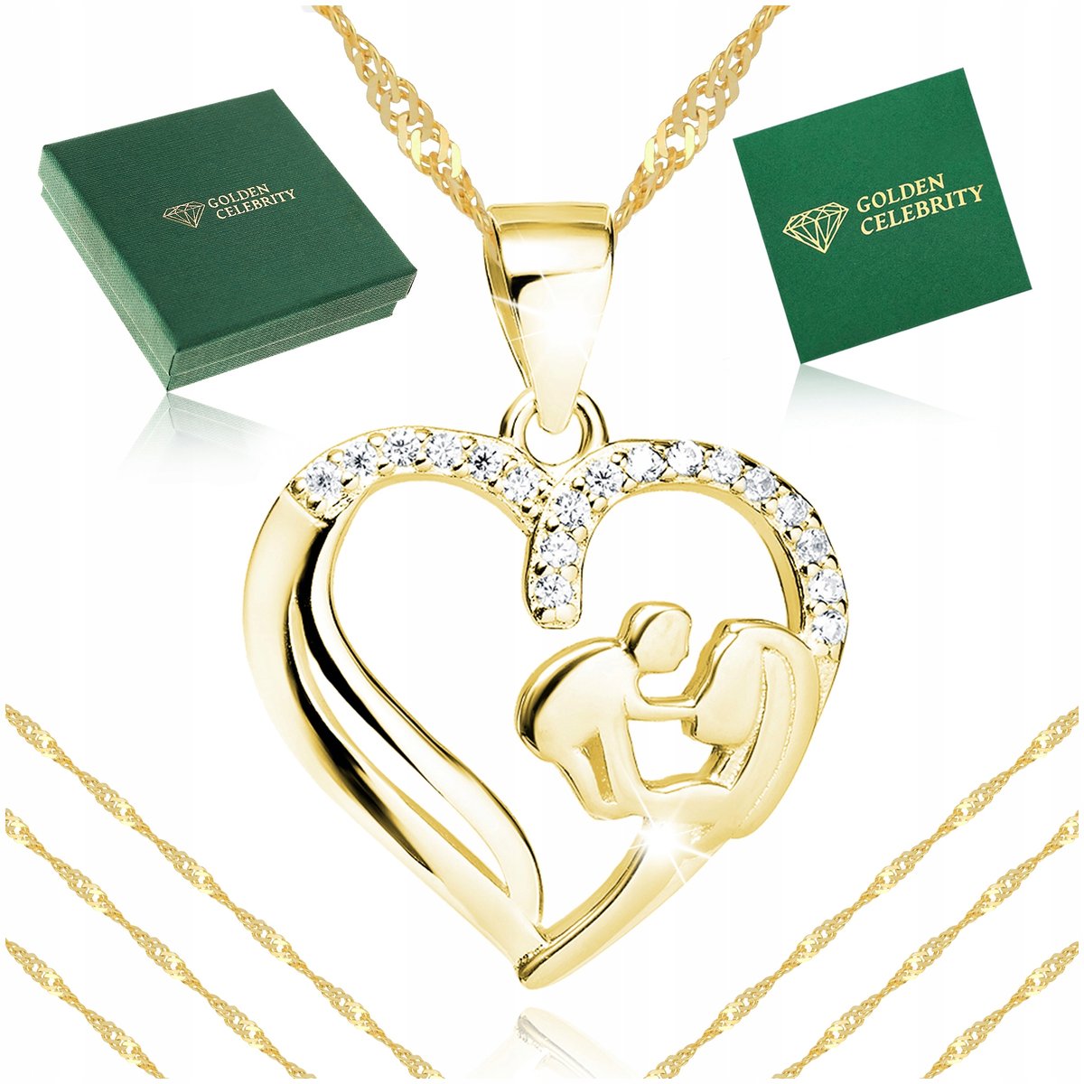 ZŁOTY NASZYJNIK MATKA Z DZIECIĄTKIEM W SERCU SREBRO 925 ZŁOTO 585 ZŁOCONY