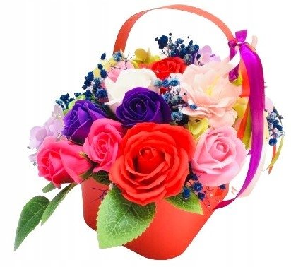 KOLOROWE MYDLANE KWIATY BUKIET gotowy prezent upominek w koszyku box róża
