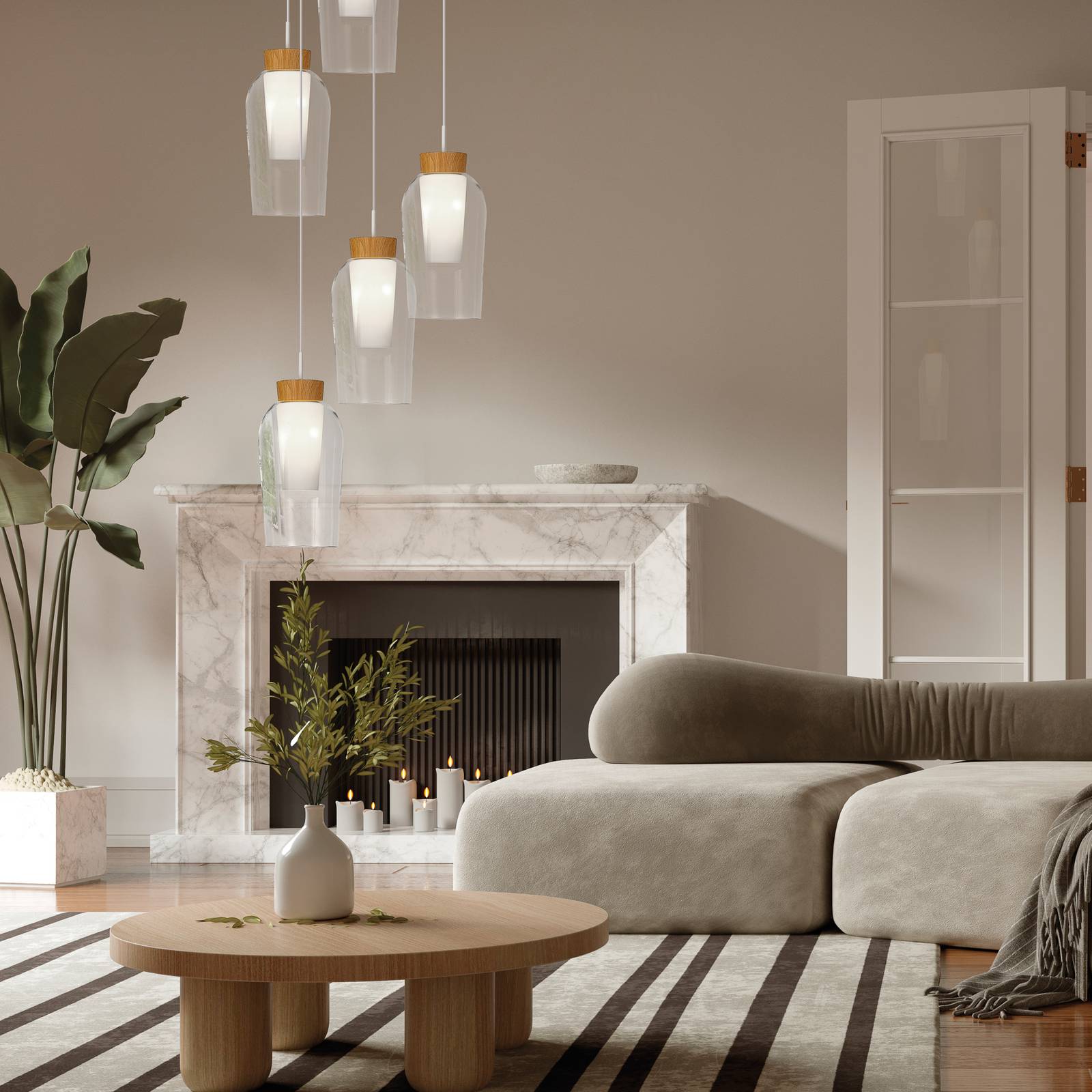 Mantra Iluminación Lampa wisząca Nora, biała, przezroczysta, 5-punktowa, okrągła, szklana