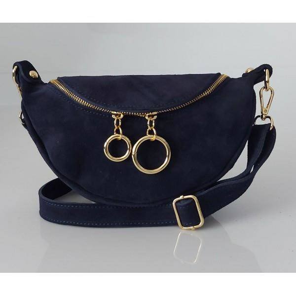 Włoska zamszowa listonoszka, nerka Vera Pelle złote okucia kółka Granatowa LN633BS
