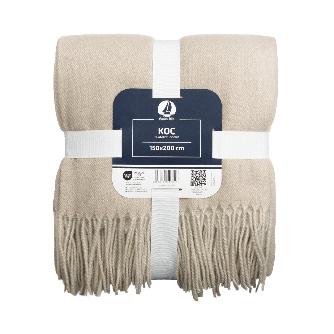 Koc z Frędzlami Miękki i Stylowy, Idealny na Chłodne Wieczory Beżowy 150x200 cm Captain Mike