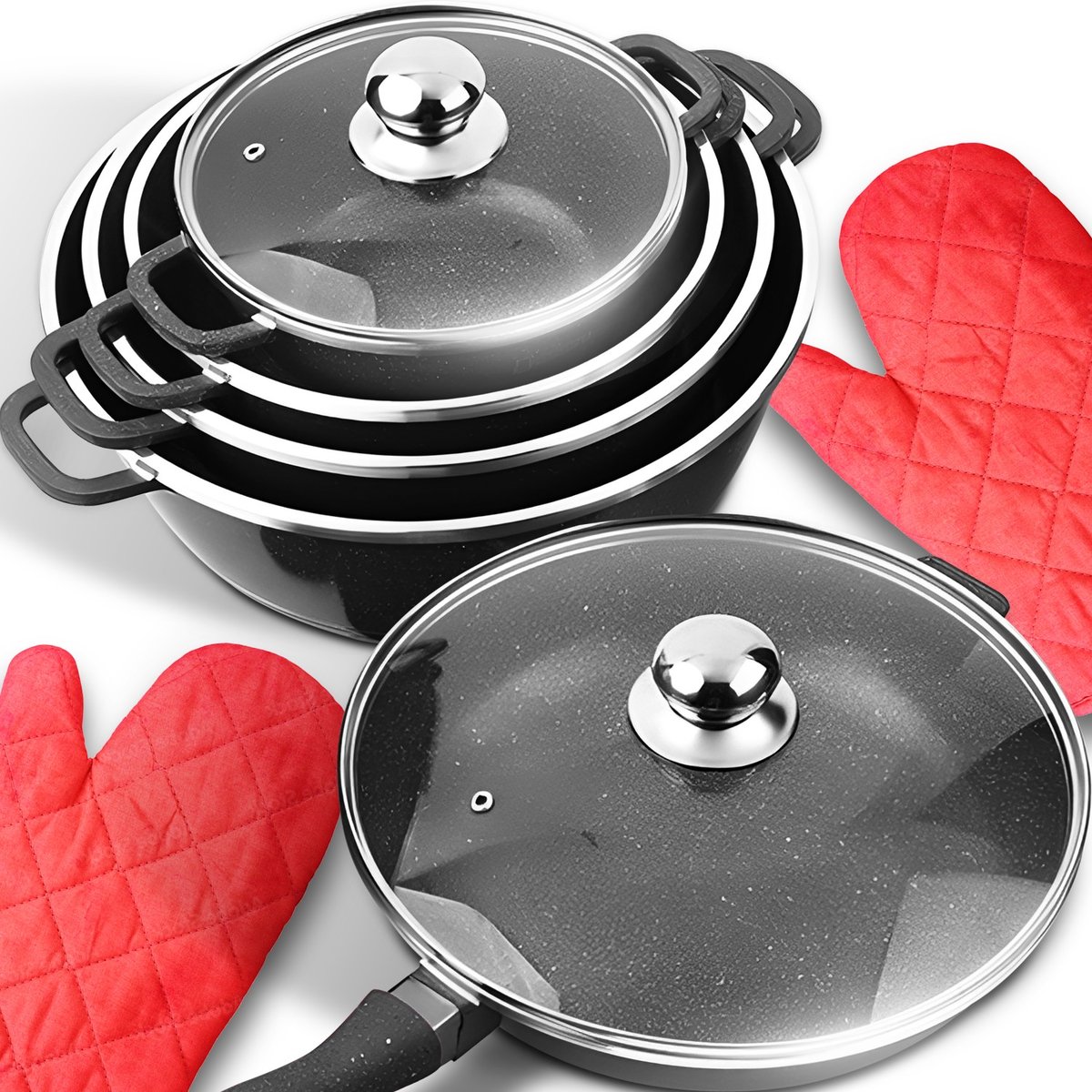 KOMPLET GARNKÓW POWŁOKA CERAMICZNA ZESTAW 12 ELELEMTÓW PATELNIA + RĘKAWICZKI
