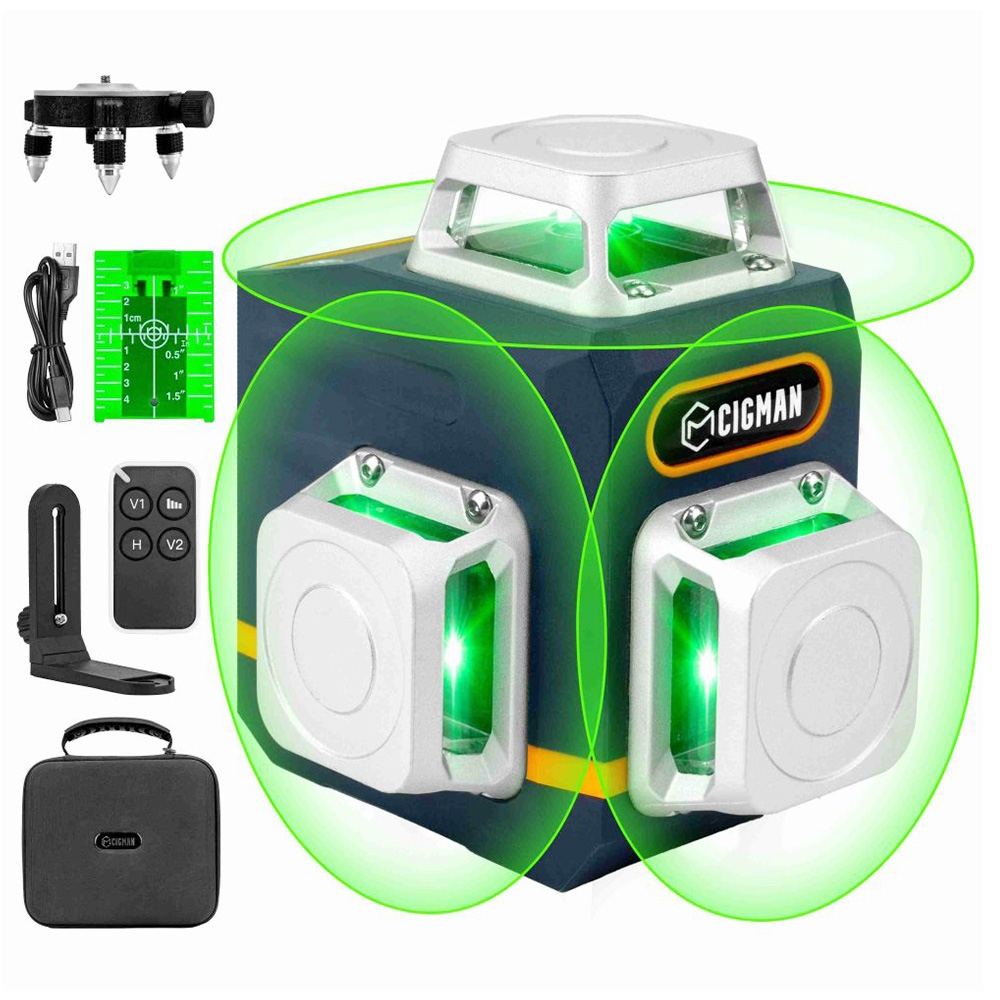 Samopoziomująca Poziomica Laserowa CIGMAN CM-701 3x360°, Zielona Linia Krzyżowa 3D 100 Stóp, Akumulator - Zielony