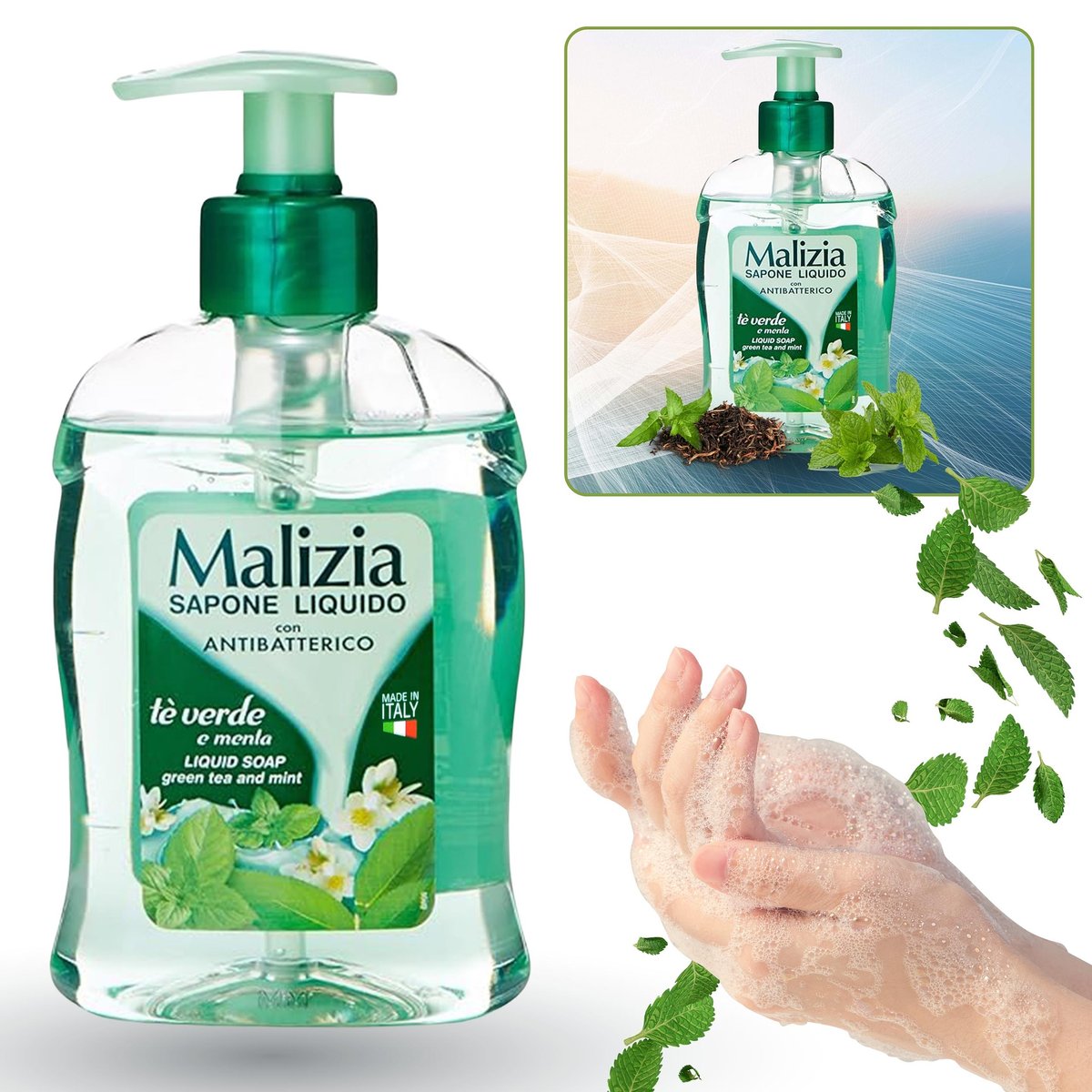 Malizia, mydło w płynie, z pompką - Zielona herbata i mięta, 300 ml