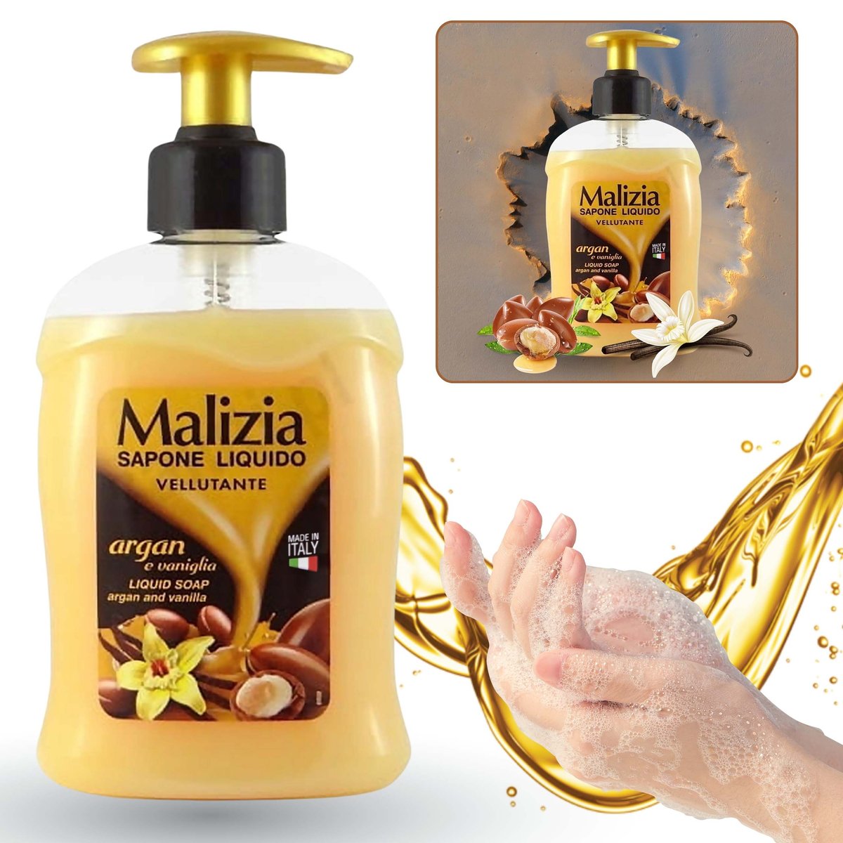 Malizia, Aksamitne mydło w płynie, z pompką - Olej arganowy i wanilia, 300 ml