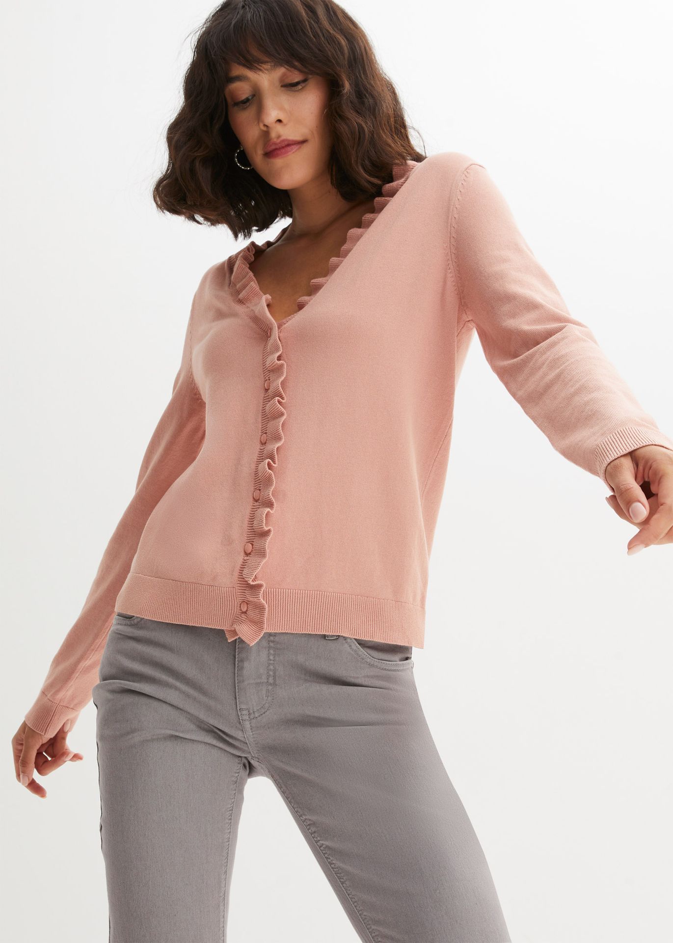 Sweter rozpinany z falbanowym kołnierzykiem - bonprix