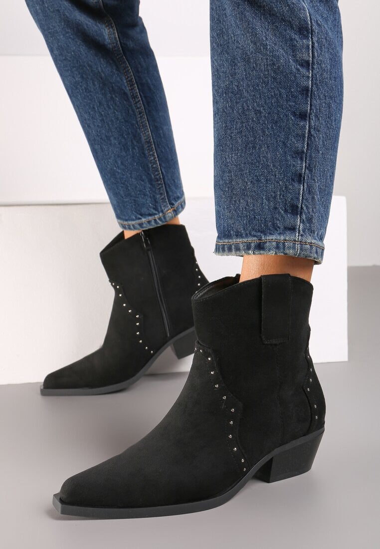 Czarne Botki w stylu Kowbojek z Ekozamszu i Szpiczastym Noskiem Nevelara