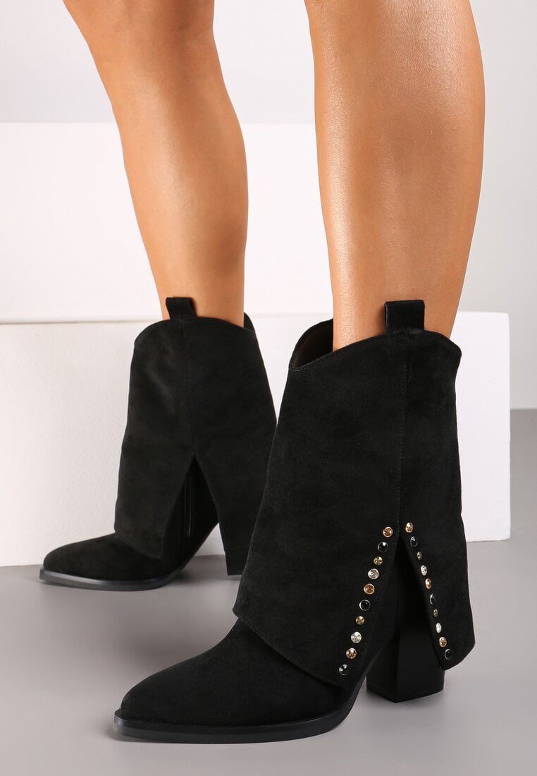 Czarne Botki na Obcasie w Kształcie Stożka z Wywiniętą Cholewką Ozdobione Cyrkoniami Moveiana