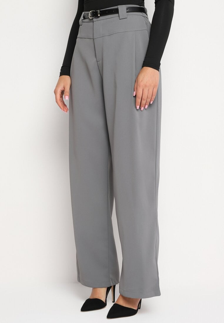 Szare Garniturowe Spodnie o Szerokim Kroju z Gumką i Paskiem w Talii Verittha