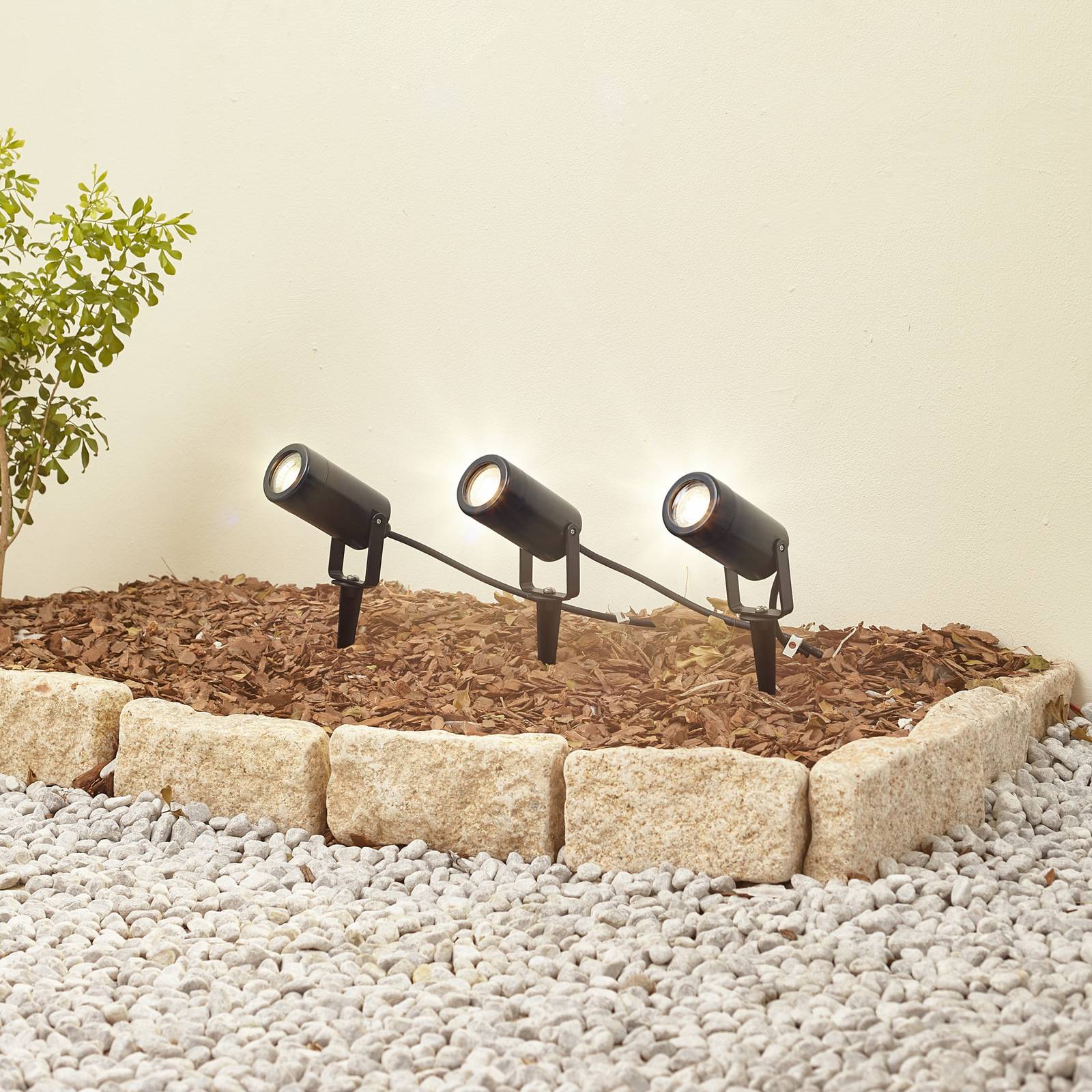 Lampa z grotem ziemnym Lindby Thorgal, Ø 6 cm, czarna, zestaw 3 sztuk