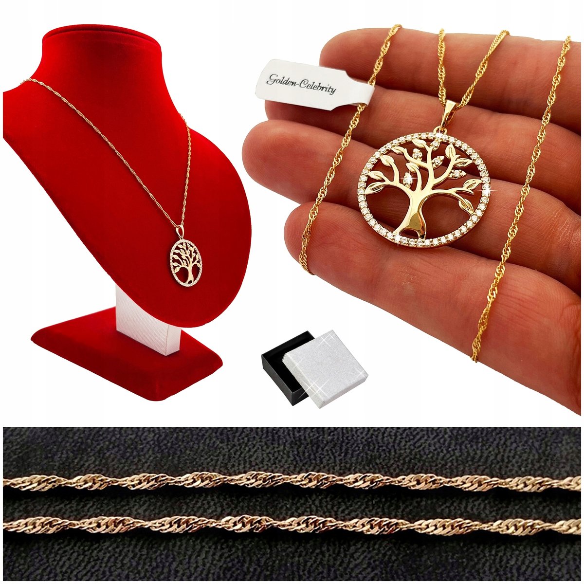 PIĘKNY ZŁOTY NASZYJNIK STAL CHIRURGICZNA DRZEWKO SZCZĘŚCIA PREZENT 55 CM