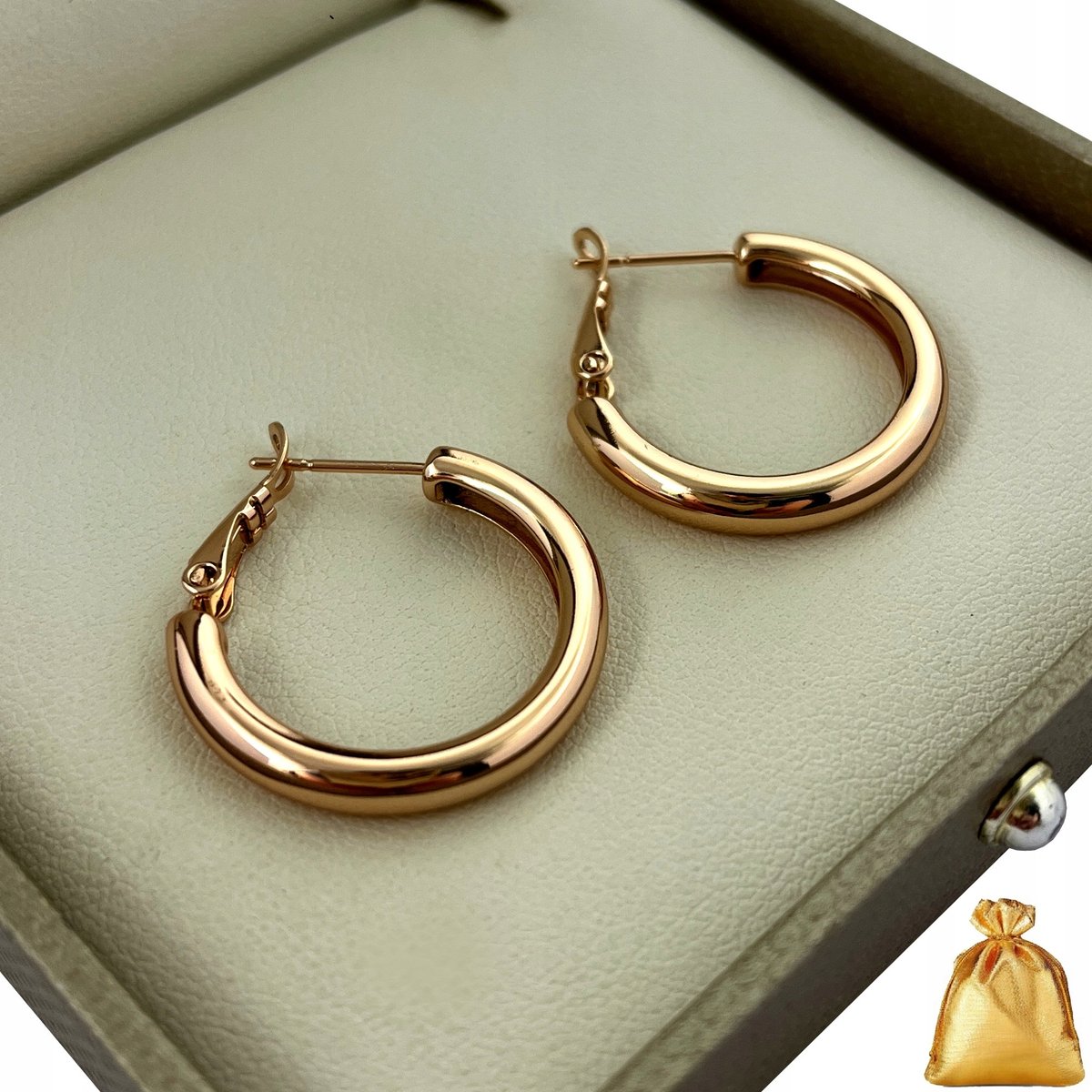 ZŁOTE KOLCZYKI DAMSKIE ZE STALI CHIRURGICZNEJ KOŁA KÓŁKA KLASYCZNE PREZENT