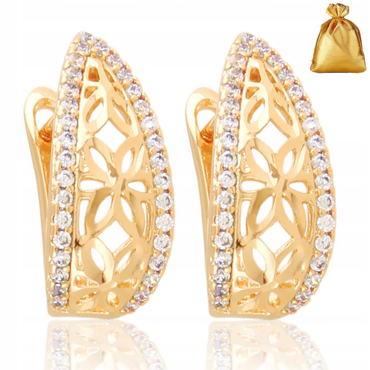 ZŁOTE KOLCZYKI ZE STALI CHIRURGICZNEJ ANGIELSKIE Z CYRKONIAMI + KWIATY 18K